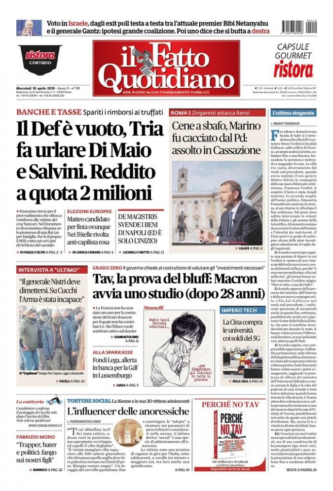 Copertina di mercoledì 10 aprile 2019