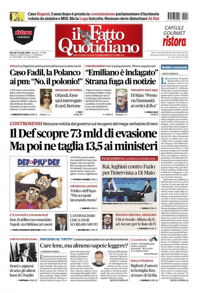 Copertina di giovedì 11 aprile 2019