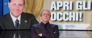 Copertina di Crozza/Berlusconi e la foto dei manifesti: “Hanno usato quella di fronte o di profilo? In procura le hanno entrambe”