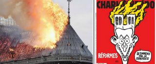 Notre-Dame, la satira di Charlie Hebdo sull’incendio della cattedrale di Parigi e le riforme di Emmanuel Macron