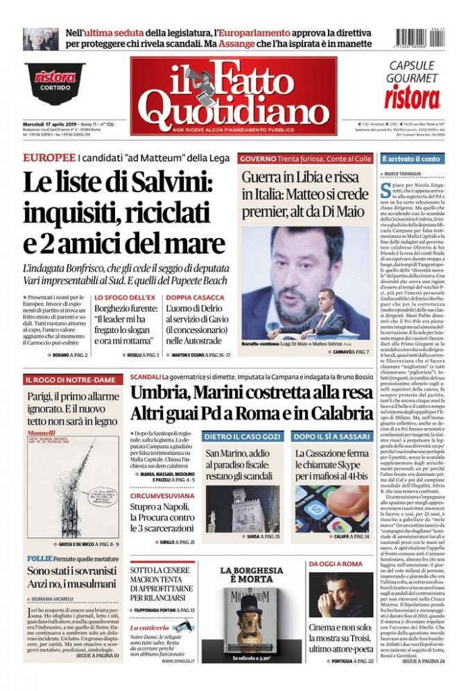 Copertina di mercoledì 17 aprile 2019