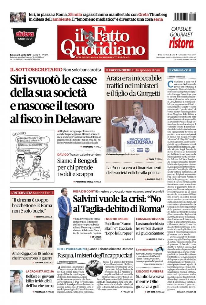 Copertina di sabato 20 aprile 2019