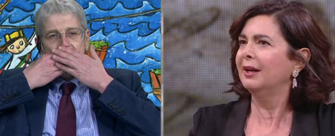 Copertina di La7, Boldrini vs Giordano: “Io non voglio parlare con chi scrive bufale da anni”. “Se do fastidio vado via”