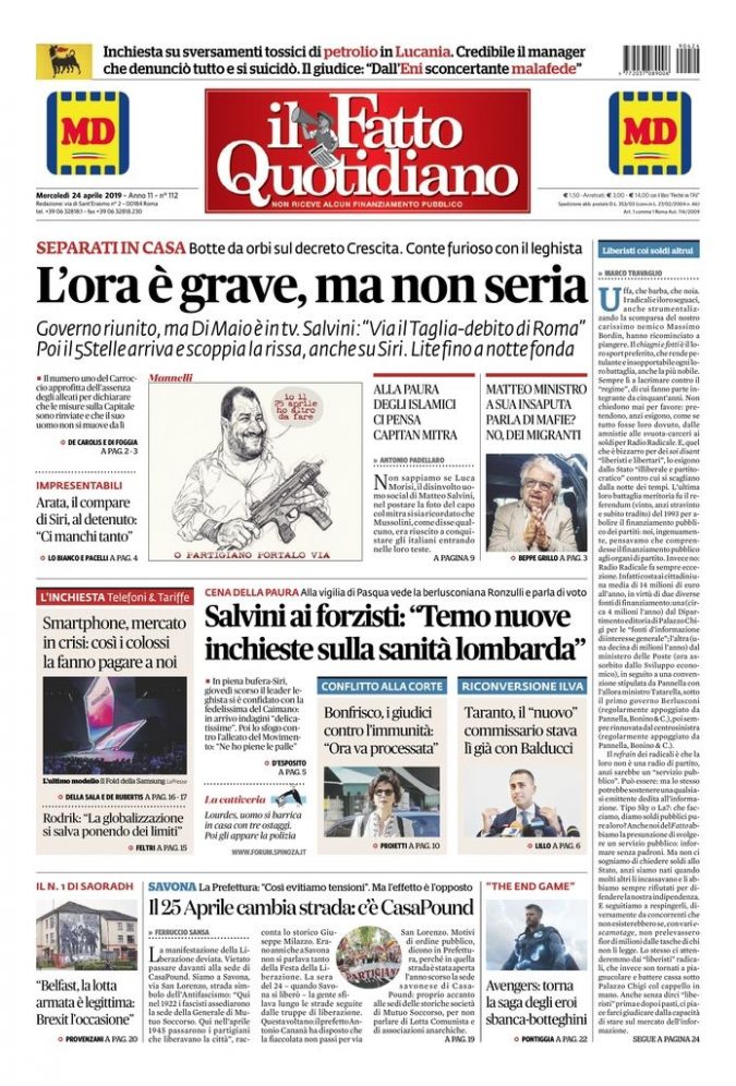 Copertina di mercoledì 24 aprile 2019