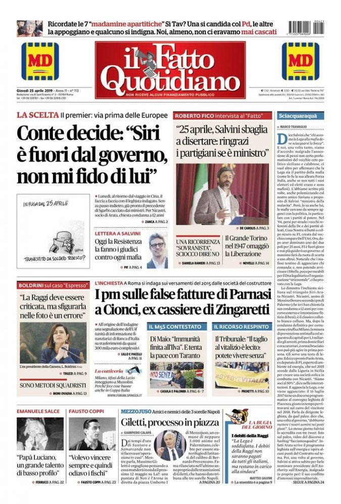 Copertina di giovedì 25 aprile 2019