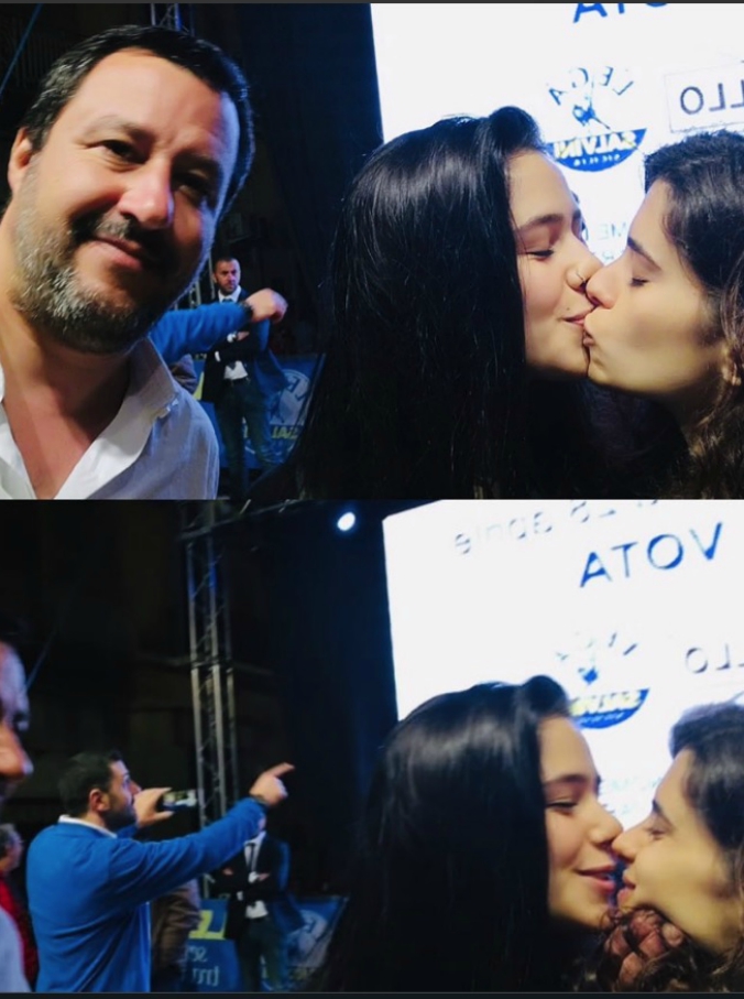 Si fingono fan di Salvini per chiedergli un selfie, ma poi le due ragazze si baciano: il gesto spiazza il ministro, che reagisce così