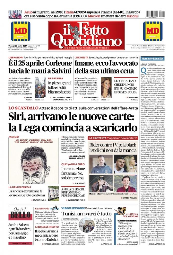 Copertina di venerdì 26 aprile 2019