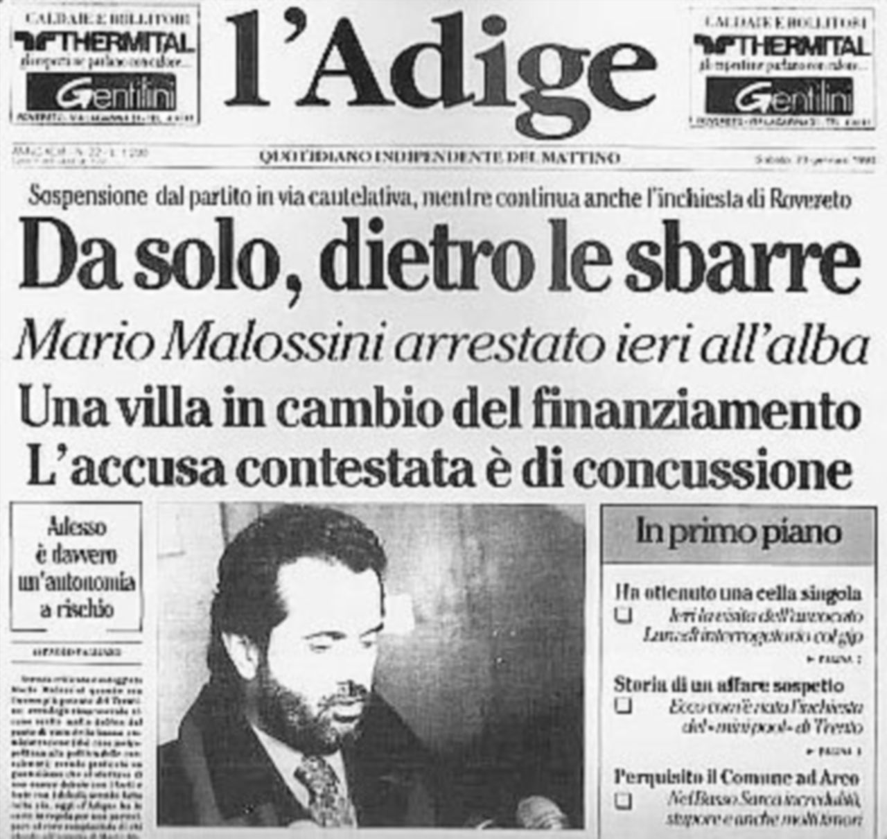 Copertina di In Trentino FI schiera l’ex dc Mario Malossini, in galera nel ’93
