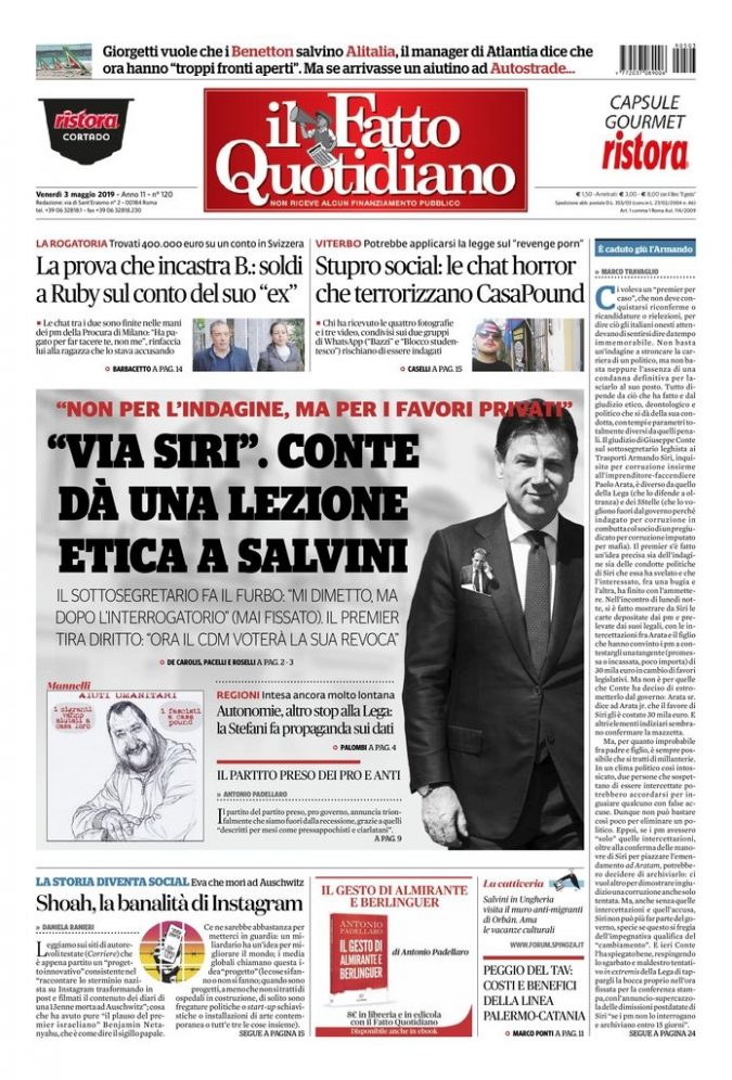 Copertina di venerdì 3 maggio 2019