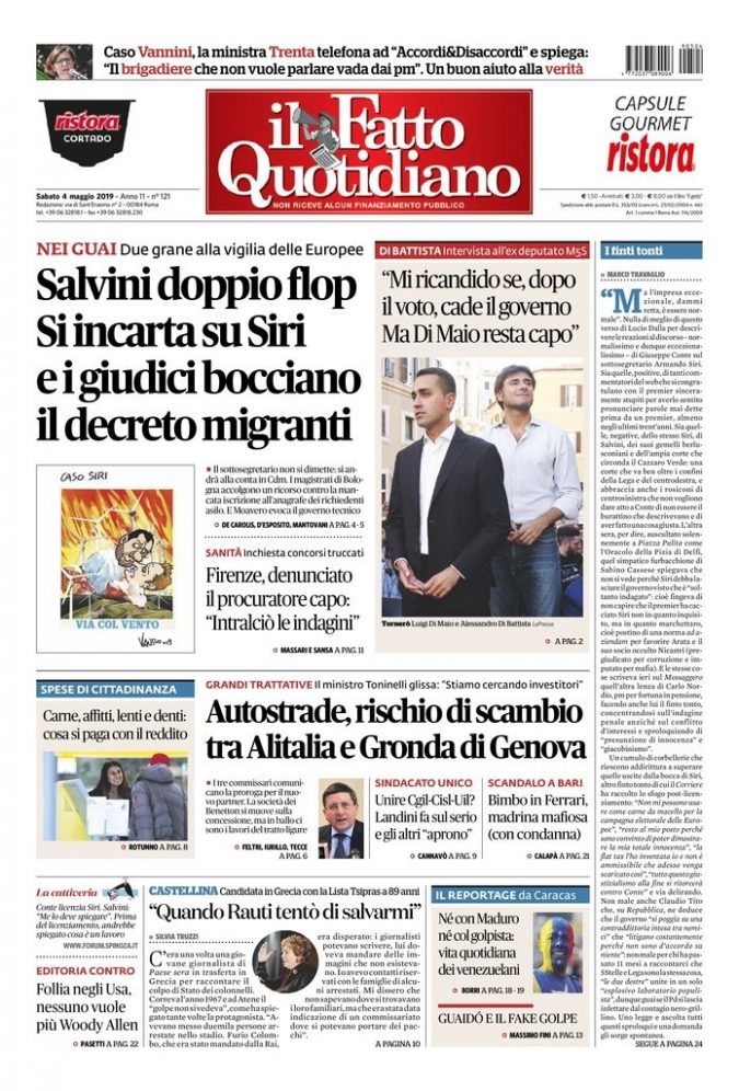 Copertina di sabato 4 maggio 2019