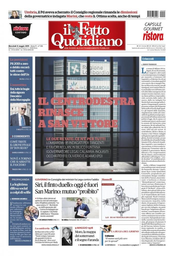 Copertina di mercoledì 8 maggio 2019