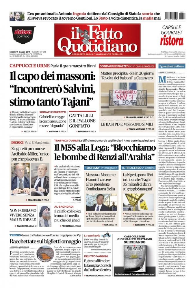 Copertina di sabato 11 maggio 2019