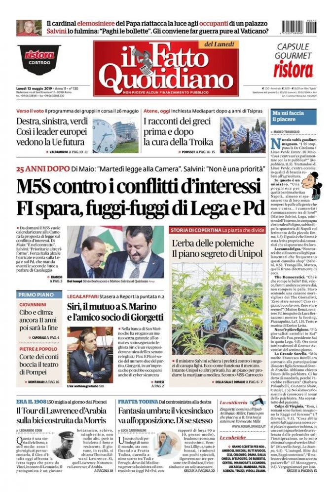 Copertina di lunedì 13 maggio 2019