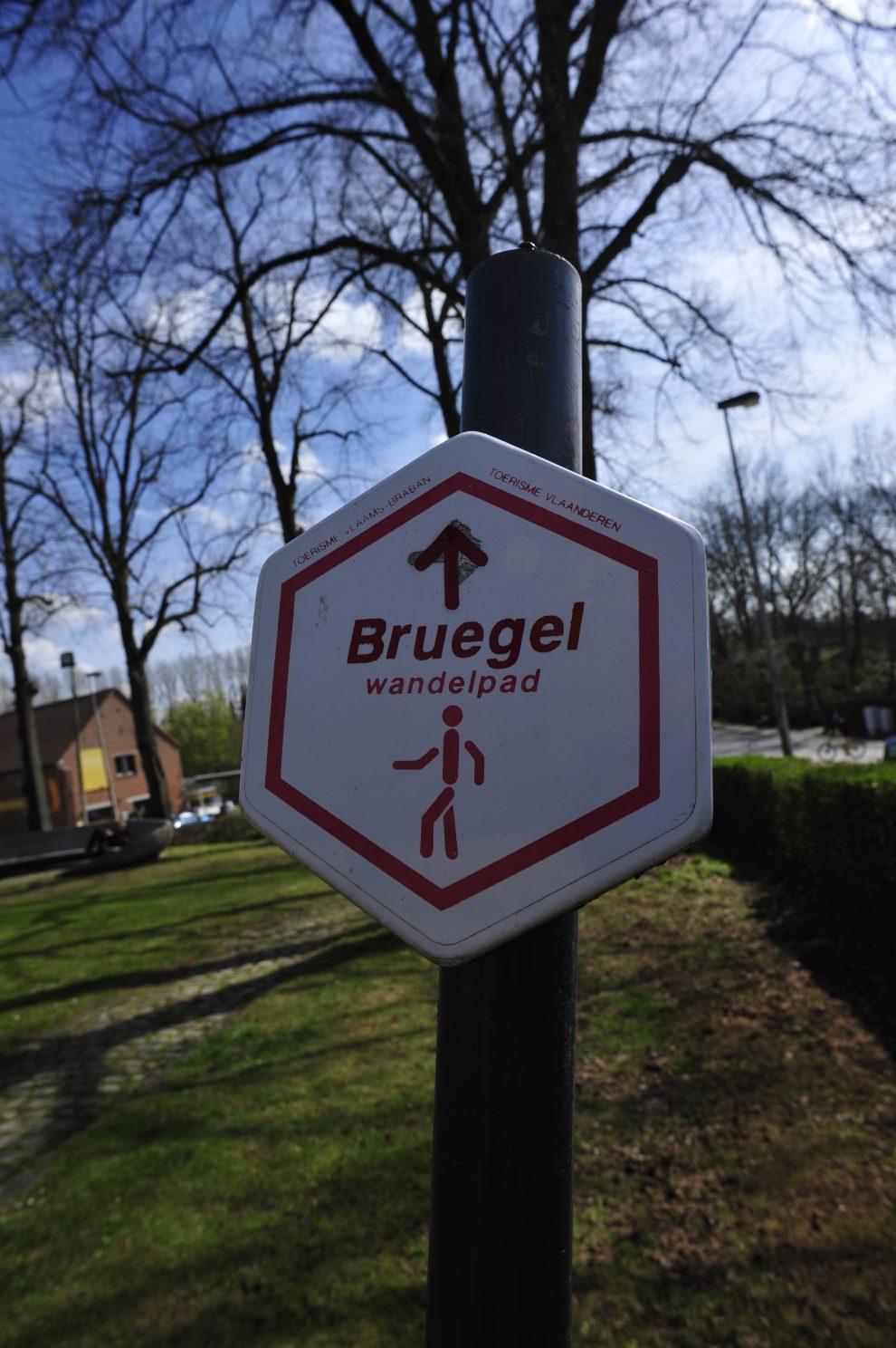 I cartelli che indicano il “Sentiero di Bruegel” un percorso nella campagna fiamminga disseminato di opere moderne omaggio al maestro