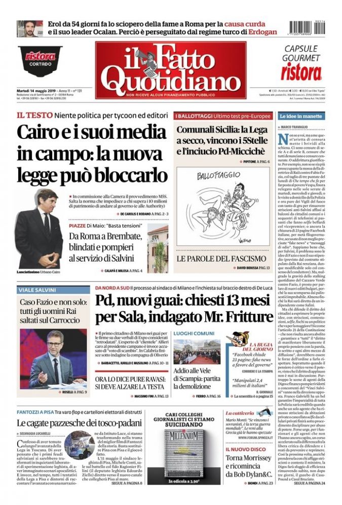 Copertina di martedì 14 maggio 2019