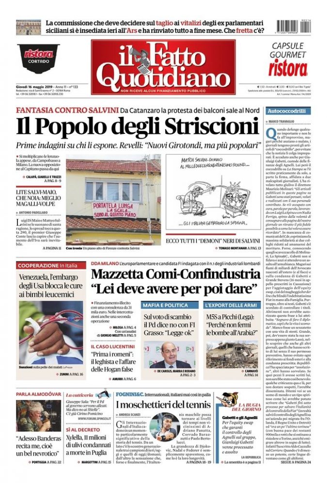 Copertina di giovedì 16 maggio 2019