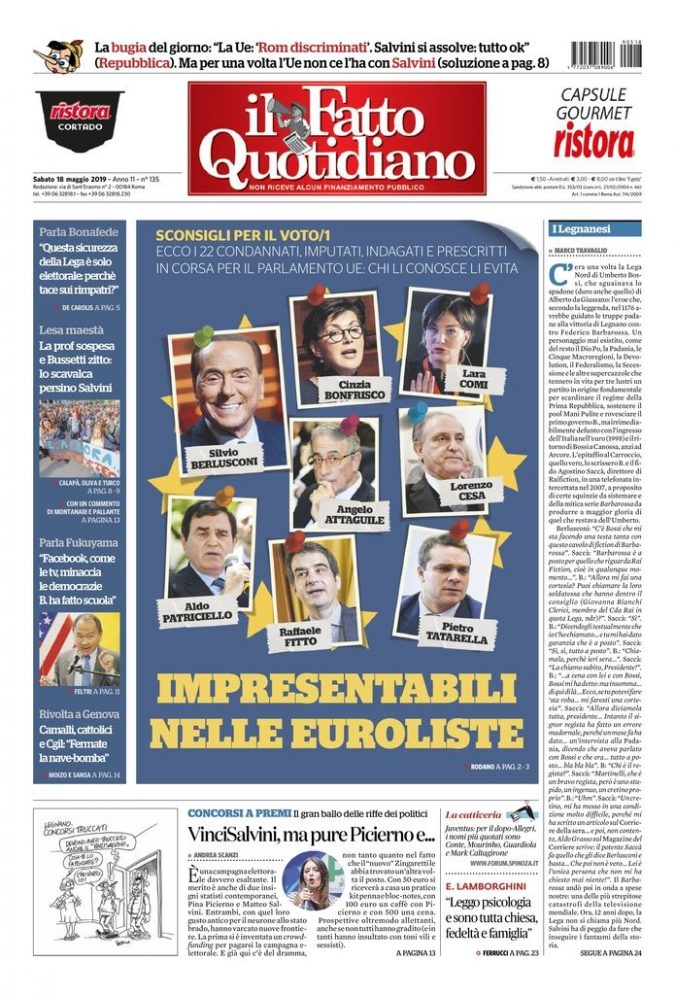 Copertina di sabato 18 maggio 2019