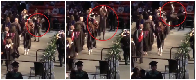 Copertina di C’è la consegna dei diplomi e questo ragazzo prova a stupire tutti con un salto mortale all’indietro. Ma va a finire così