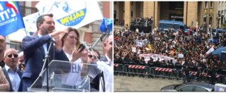 Copertina di Lecce, Salvini è sul palco ma i fischi e i cori dei contestatori coprono la sua voce all’altoparlante: le immagini dalla piazza