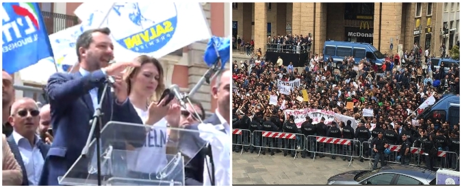 Copertina di Lecce, Salvini è sul palco ma i fischi e i cori dei contestatori coprono la sua voce all’altoparlante: le immagini dalla piazza