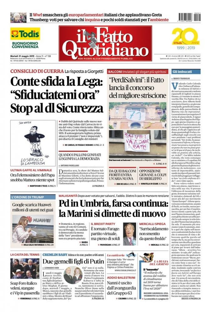 Copertina di martedì 21 maggio 2019