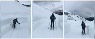 Copertina di Giro d’Italia, la discesa dal passo Gavia non si fa con la bici ma con gli sci: il percorso con metri di neve