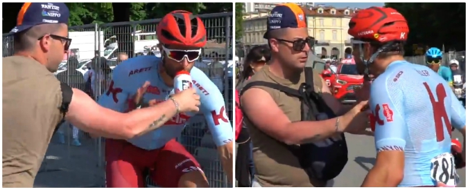 Copertina di Giro d’Italia, il tifoso (maleducato) cerca di strappare la borraccia al corridore: il ciclista si infuria e reagisce così