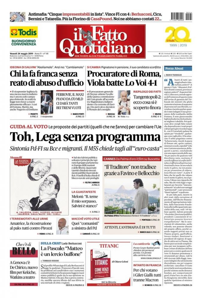 Copertina di venerdì 24 maggio 2019