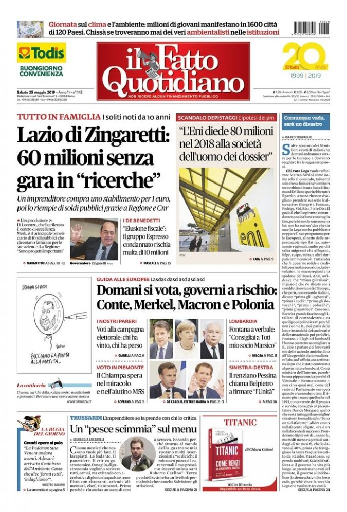 Copertina di sabato 25 maggio 2019