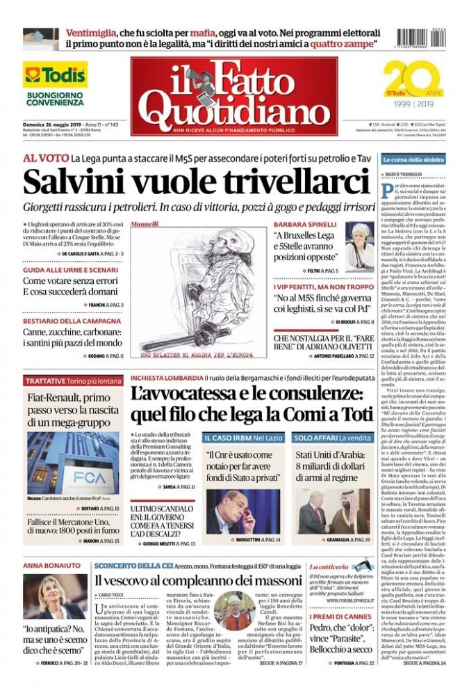 Copertina di domenica 26 maggio 2019