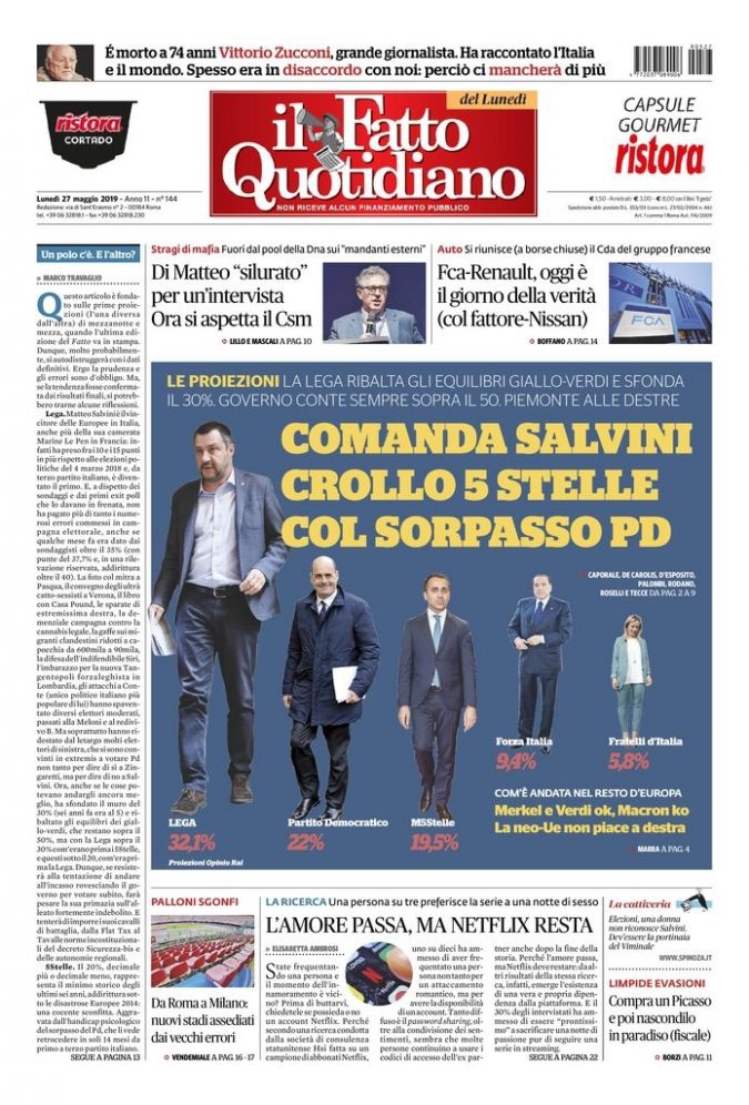 Copertina di lunedì 27 maggio 2019