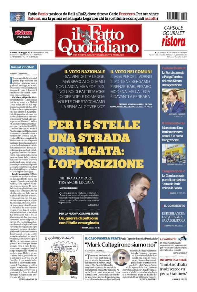 Copertina di martedì 28 maggio 2019