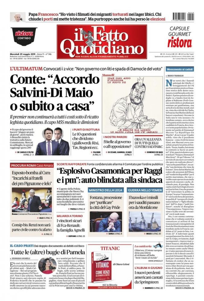 Copertina di mercoledì 29 maggio 2019