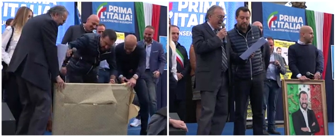 Copertina di Aversa, sale sul palco e regala ritratto a Salvini: “Mio capitano, sono un tuo soldato. Io disposto a morire per te”