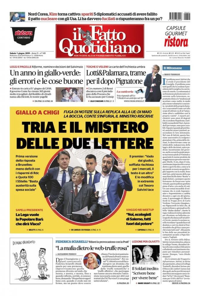 Copertina di sabato 1 giugno 2019