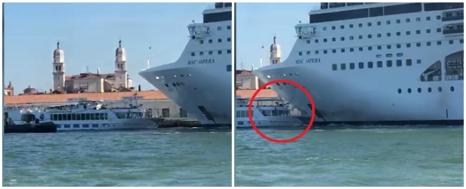 Copertina di Venezia, la nave da crociera perde il controllo e aziona la sirena: l’impatto contro il battello turistico. Le immagini