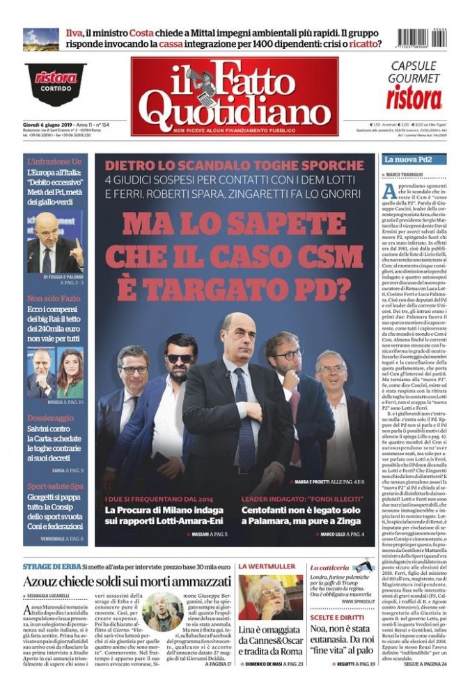 Copertina de Il Fatto Quotidiano di Gio 6 Giugno 2019