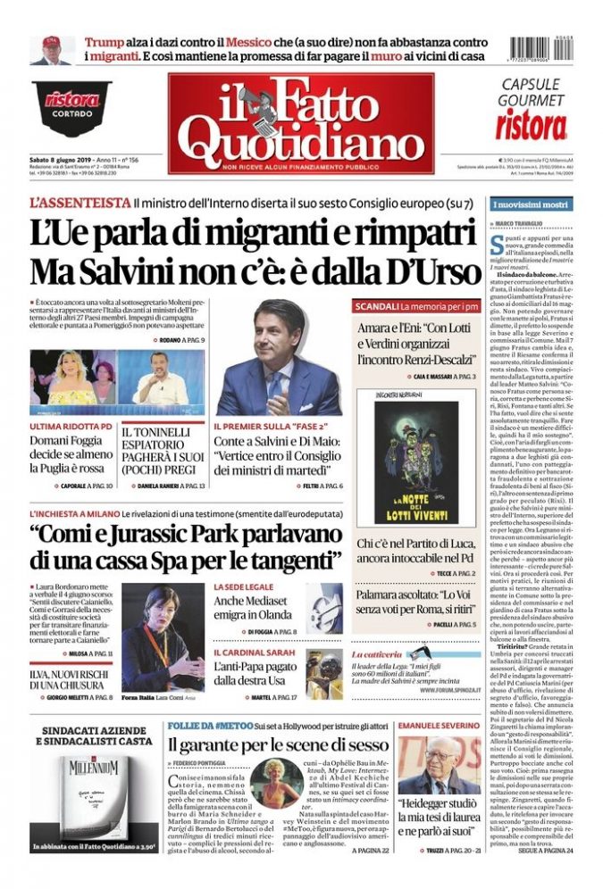 Copertina di sabato 8 giugno 2019