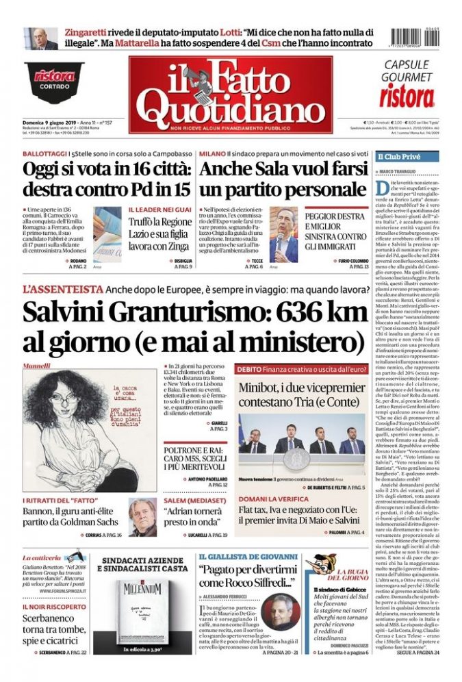 Copertina di domenica 9 giugno 2019