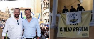 Ferrara, bandiera della Lega sopra lo striscione “Verità per Giulio Regeni” dopo la vittoria di Alan Fabbri