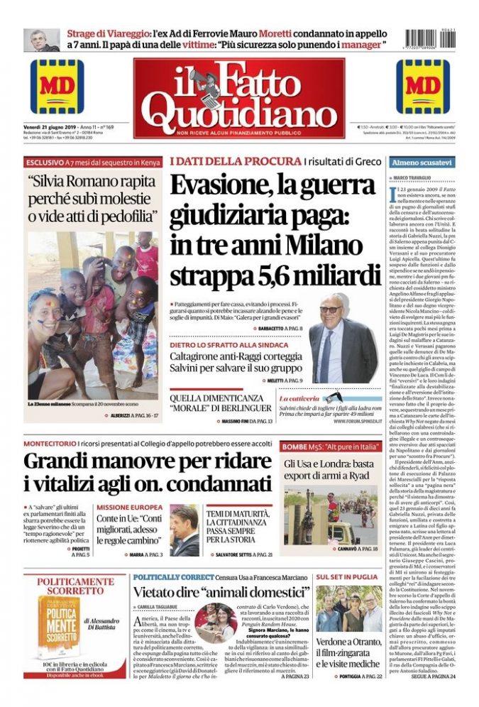 Copertina di venerdì 21 giugno 2019