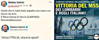 Copertina di Olimpiadi, M5s ricorda quando Salvini era contrario e diceva: “Sono follia”. I 5stelle lombardi rimuovono post su “vittoria”