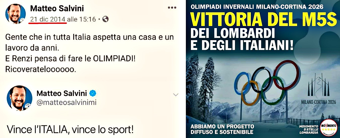 Olimpiadi, M5s ricorda quando Salvini era contrario e diceva: “Sono follia”. I 5stelle lombardi rimuovono post su “vittoria”