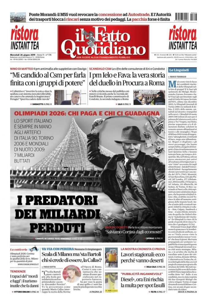 Copertina di mercoledì 26 giugno 2019