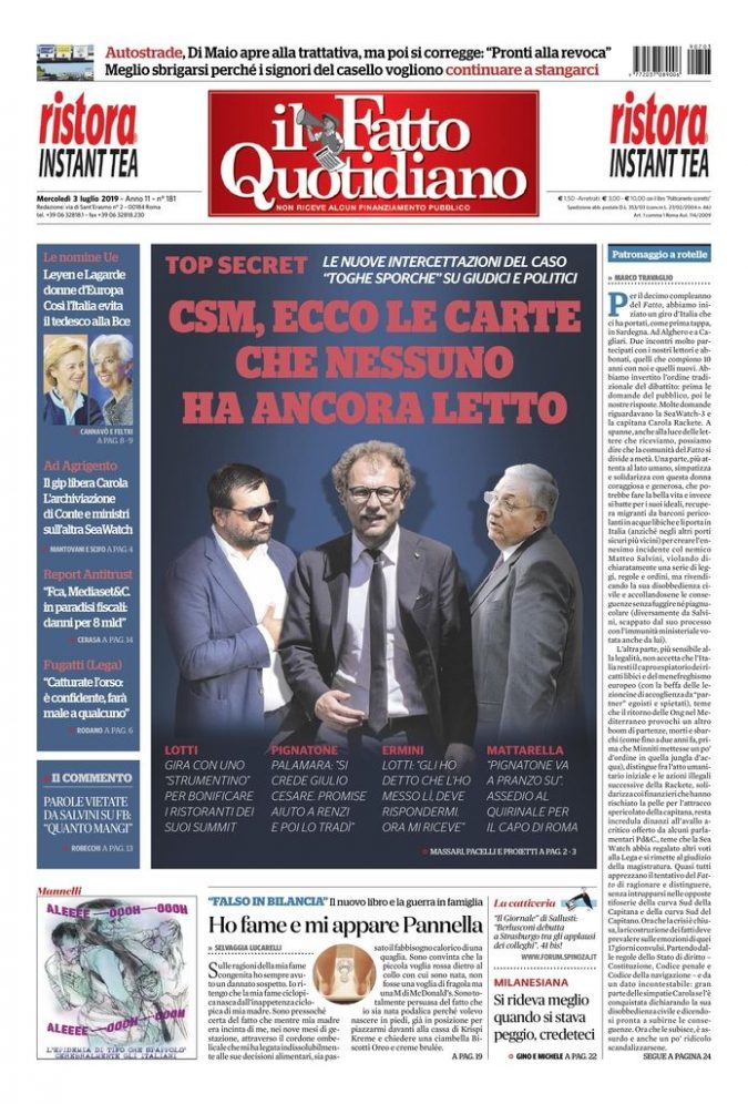 Copertina di mercoledì 3 luglio 2019