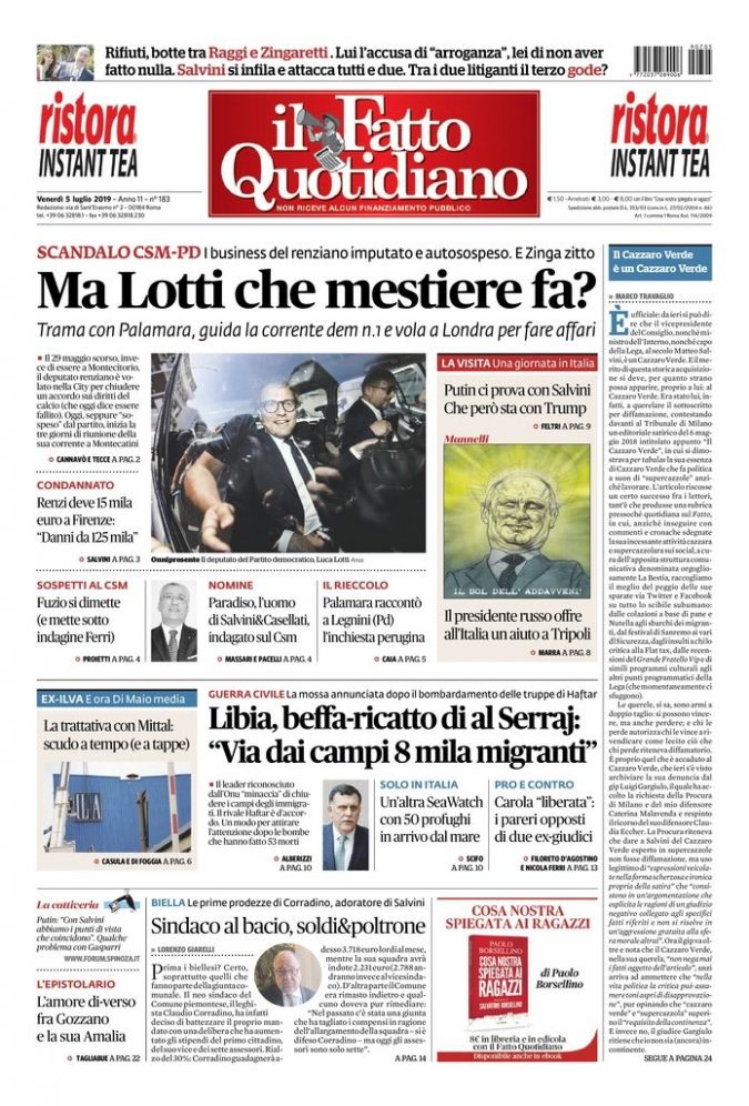 Copertina di venerdì 5 luglio 2019