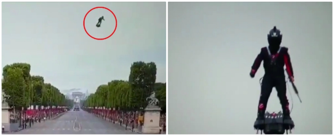 Alla festa nazionale spunta un uomo con un mitra su un “disco volante”: la dimostrazione futuristica a Parigi
