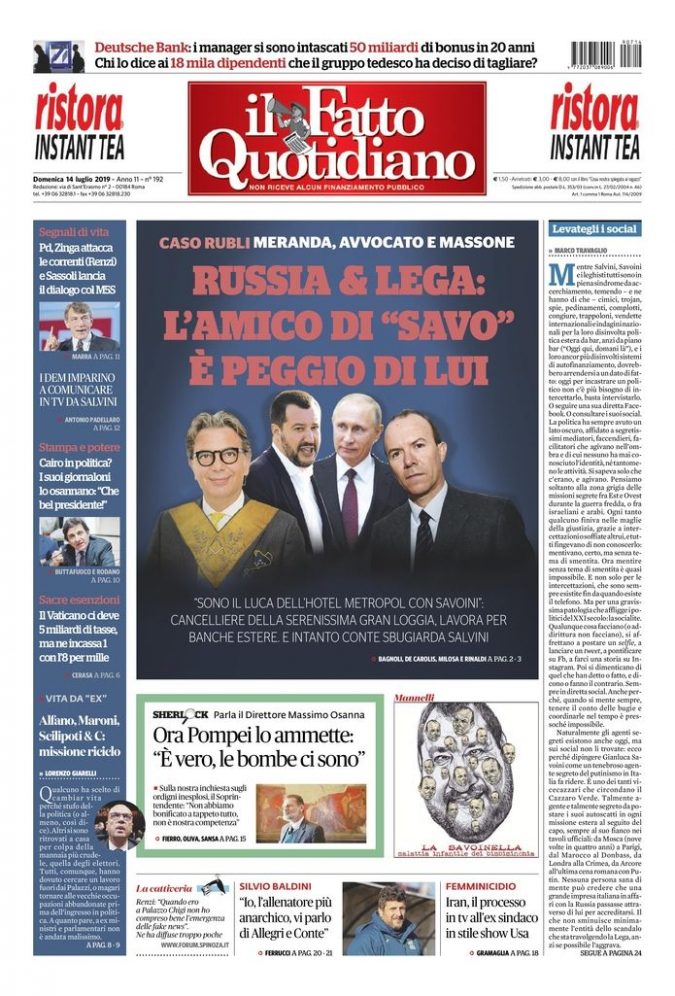 Copertina di domenica 14 luglio 2019