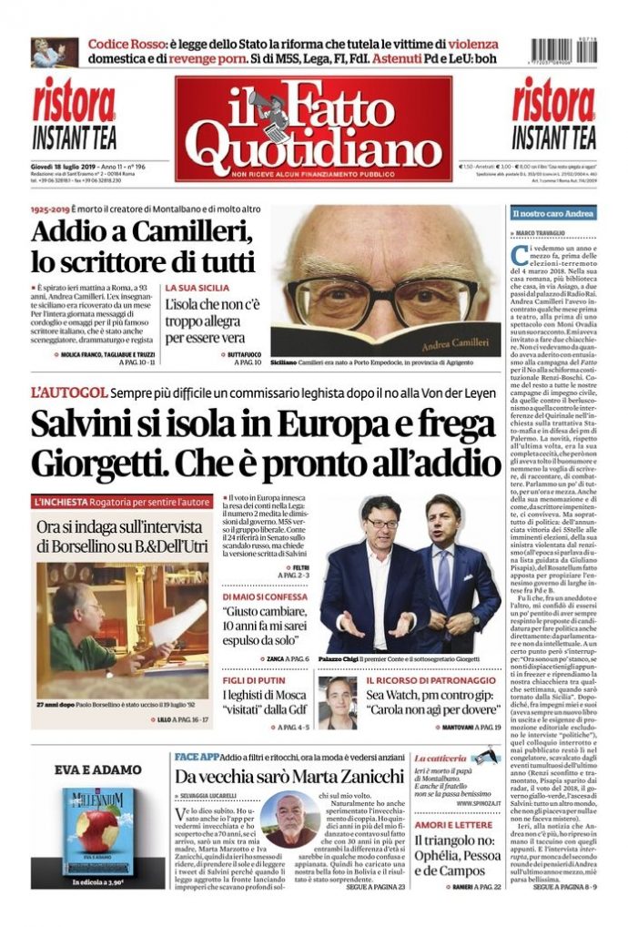 Copertina di giovedì 18 luglio 2019