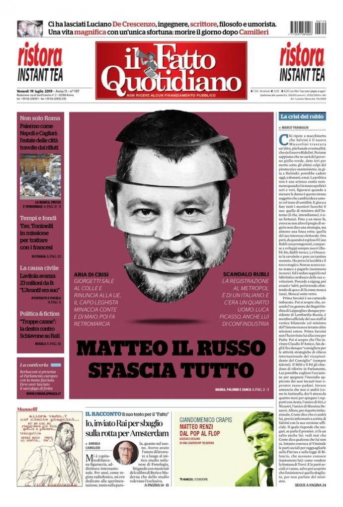 Copertina di venerdì 19 luglio 2019